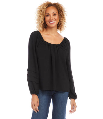 This fabulous peasant top features pleated sleeves and a shirred neckline, creating a stylish yet relaxed look. Easily transition from day to night. Color - Black. Scoop elastic neckline. Pleat detailing on sleeve. Flowy fit. Elastic cuffs. Fabric -Heavy Moss Crepe: 100% Polyester Dry clean.