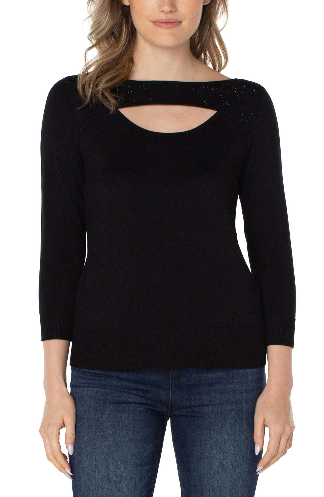 This elegant sweater features a beautiful cut out surrounded with rhinestones. Easily dress this up with one of our coatigans and vegan leather flares or dress it down with your favorite pair of denim!   Color- Black. 3/4 sleeves. Cut out detail with rhinestone details. Ribbed hem. Fabric-78% Rayon. 22% Polyester.