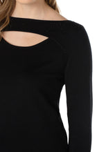 Load image into Gallery viewer, This elegant sweater features a beautiful cut out surrounded with rhinestones. Easily dress this up with one of our coatigans and vegan leather flares or dress it down with your favorite pair of denim!   Color- Black. 3/4 sleeves. Cut out detail with rhinestone details. Ribbed hem. Fabric-78% Rayon. 22% Polyester.
