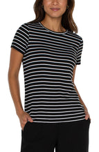 Load image into Gallery viewer, This crew neck tee, made of a soft poly blend, is the perfect layering piece for any wardrobe. It exudes both classic and versatile style.  Color - Black with white striping. Short Sleeve. Crew neck. Striped. 24&quot; HPS.
