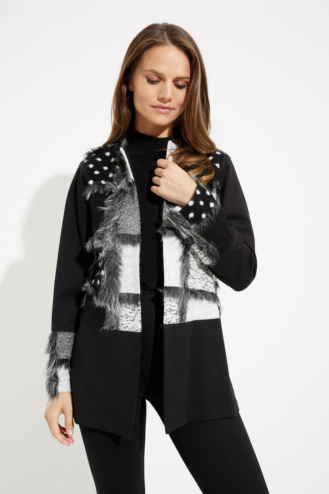 Berkely Black and Grey Abstract Patchwork and Faux Fur Cardigan- Joseph Ribkoff Style 233062