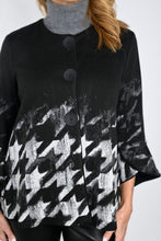 Load image into Gallery viewer, This grey/black ombre houndstooth jacket showcases timeless sophistication, bolstered by its 3/4 bell sleeves and black decorative buttons.  It deftly melds classic pattern with a modern twist for a unique look.   Color- Black and grey. Button closure. No pockets.
