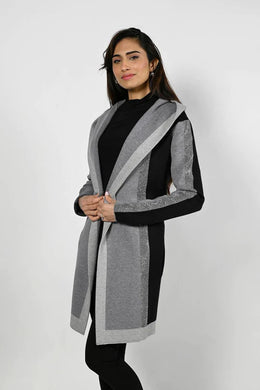 Look sharp in the Frank Lyman cardigan in black/grey striping. Crafted from a high-end fabric, this cardigan features beautiful sequin embellishment, slash pockets, and a stylish hoodie - a perfect addition to your wardrobe for any occasion.  Color- Grey and black. Side functional pockets. Hood. Fabric- 50% Rayon. 28% Polyester. 22% Nylon.