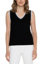 Load image into Gallery viewer, The Sherese Sleeveless V-Neck Sweater from Liverpool Los Angeles offers a luxurious black fabric with a comfortable and smooth texture. It includes a striking white ribbed accent for added style. For a trendy and coordinated look, pair it with the Oralia Open Front Contrast Trim Cardigan.  Color- Black and white. Sleeveless sweater. V-neck. Contrasting rib trim. 12 Gauge Rib.
