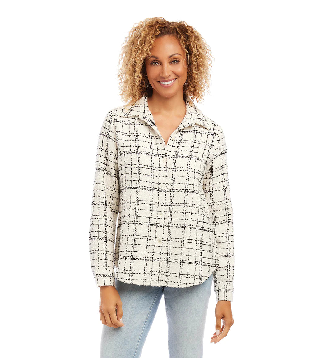Elevate your everyday style with this classic plaid shirt. Crafted from a lightweight wool blend, it provides comfortable coverage for any occasion, whether you wear it as a top or layer it over other clothing for added warmth. Color- Black and white. Long sleeve. Collared button-up. Shirttail hem. Fabric-Plaid Boucle: 55% Cotton. 24% Polyester.17% Acrylic. 4% Other.