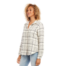 Load image into Gallery viewer, Elevate your everyday style with this classic plaid shirt. Crafted from a lightweight wool blend, it provides comfortable coverage for any occasion, whether you wear it as a top or layer it over other clothing for added warmth. Color- Black and white. Long sleeve. Collared button-up. Shirttail hem. Fabric-Plaid Boucle: 55% Cotton. 24% Polyester.17% Acrylic. 4% Other.

