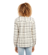 Load image into Gallery viewer, Elevate your everyday style with this classic plaid shirt. Crafted from a lightweight wool blend, it provides comfortable coverage for any occasion, whether you wear it as a top or layer it over other clothing for added warmth. Color- Black and white. Long sleeve. Collared button-up. Shirttail hem. Fabric-Plaid Boucle: 55% Cotton. 24% Polyester.17% Acrylic. 4% Other.
