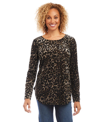 Velvet burnout in a charming leopard design lend both visual and textural interest to this knit top. It's finished with a stylish shirttail hem. With a touch of shimmer, this soft top is an easy way to dress up any look.  Color- Black with brown. Long sleeve. Crew neck. Unique dye treatment used; color & design may vary. Fabric - Animal Velvet Burnout: 50% Polyester, 40% Nylon, 10% Spandex. Care-Hand wash cold. Do not bleach. Lay flat to dry. Dry clean if desired.