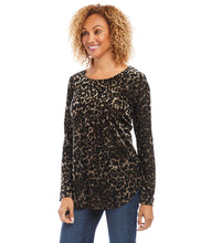 Load image into Gallery viewer, Velvet burnout in a charming leopard design lend both visual and textural interest to this knit top. It&#39;s finished with a stylish shirttail hem. With a touch of shimmer, this soft top is an easy way to dress up any look.  Color- Black with brown. Long sleeve. Crew neck. Unique dye treatment used; color &amp; design may vary. Fabric - Animal Velvet Burnout: 50% Polyester, 40% Nylon, 10% Spandex. Care-Hand wash cold. Do not bleach. Lay flat to dry. Dry clean if desired.
