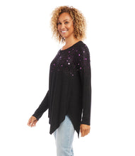 Load image into Gallery viewer, This jersey-knit top is soft to the touch and features a subtle shimmery star print in a vivid purple/magenta hue, lending a touch of charm to your casual weekend wear.  Color- Black with purple/magenta stars. Long sleeve. Asymmetric hemline. Scoop neck. Fabric -Rayon Spandex Jersey: 92% Rayon. 8% Spandex.
