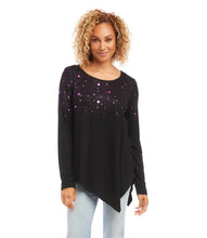 Load image into Gallery viewer, This jersey-knit top is soft to the touch and features a subtle shimmery star print in a vivid purple/magenta hue, lending a touch of charm to your casual weekend wear.  Color- Black with purple/magenta stars. Long sleeve. Asymmetric hemline. Scoop neck. Fabric -Rayon Spandex Jersey: 92% Rayon. 8% Spandex.
