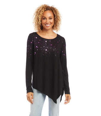 This jersey-knit top is soft to the touch and features a subtle shimmery star print in a vivid purple/magenta hue, lending a touch of charm to your casual weekend wear.  Color- Black with purple/magenta stars. Long sleeve. Asymmetric hemline. Scoop neck. Fabric -Rayon Spandex Jersey: 92% Rayon. 8% Spandex.