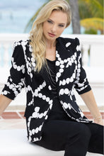 Load image into Gallery viewer, Get ready to elevate your style with this black and white, abstract chain print blazer. The tailored cut features contoured front and back seams for a sleek fit, while the subtle stretch fabric ensures both comfort and wearability. Plus, with an open front and statement pockets, this blazer is both fashionable and functional.  Color- Black and white. Open front. Abstract chain print. Front pockets. Stretch fabric.
