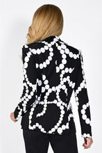 Load image into Gallery viewer, Get ready to elevate your style with this black and white, abstract chain print blazer. The tailored cut features contoured front and back seams for a sleek fit, while the subtle stretch fabric ensures both comfort and wearability. Plus, with an open front and statement pockets, this blazer is both fashionable and functional.  Color- Black and white. Open front. Abstract chain print. Front pockets. Stretch fabric.
