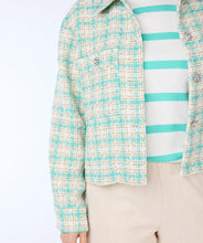 Load image into Gallery viewer, Our Bergette is a darling blazer featuring a blue and off-white plaid pattern with subtle gold detailing. Adorned with sparkling crystal buttons, this blazer is perfect for dressing up or down. The shorter design adds versatility, allowing it to be paired with a skirt or jeans.
