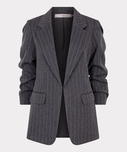 Load image into Gallery viewer, Dark gray pinstripe blazer against a light gray background.
