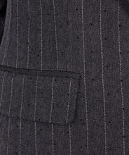 Load image into Gallery viewer, Close-up of a dark gray pinstripe blazer with a pocket detail.
