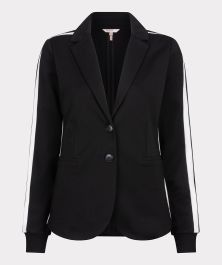 Black with white sport stripes blazer against a white background.