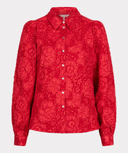 Load image into Gallery viewer, Featuring a raised floral pattern and a bold red hue, the Brandee Blouse 2tone Flower Jacquard by EsQualo is a must-have for those looking to make a statement. The thicker fabric is perfect for colder days, and can easily be dressed up with a skirt, trousers, or even your favorite denim. Don&#39;t miss out on leaving a lasting impression with this chic and unforgettable blouse.
