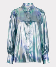 Load image into Gallery viewer, Front of a teal, blue and silver long sleeve blouse against a white background.
