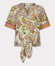 Load image into Gallery viewer, Colorful jungle patterned short sleeve blouse with tie front against a white background.
