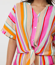 Load image into Gallery viewer, The EsQualo Birit Blouse Knot Striped is a stylish and versatile top designed for effortless elegance. It features a classic striped pattern, a flattering V-neckline, and a trendy front knot detail that adds a modern touch. Pairs effortlessly with jeans, shorts, skirts, or tailored trousers for a chic ensemble.
