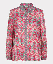 Load image into Gallery viewer, Our Macy multi print blouse is a lovely combination of jade green and pink abstract floral patterns. Lovely and unique, you will stand out in a crowd when you wear this beauty.  Easily pairs with denim and skirts and can be dressed up or worn casually.  Style with our FALLON FLAIR JEAN IN JADE COLOR- ESQUALO for the perfect colorful look!  Colors- Pinks and jade green. Button down. Abstract floral print. Lightweight, slightly sheer. Fabric-100% Viscose.
