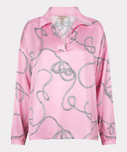Load image into Gallery viewer, This perfect pink blouse in a satin feel with polo collar and &quot;rope&quot; print is striking in design. A beautiful top to dress up or wear casually, this blouse will definitely receive compliments.  Color- Pink, white, black. Long sleeves. One button sleeve closure. Wide fit. Polo collar design. Rope print. Pullover. Satin feel.
