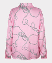 Load image into Gallery viewer, This perfect pink blouse in a satin feel with polo collar and &quot;rope&quot; print is striking in design. A beautiful top to dress up or wear casually, this blouse will definitely receive compliments.  Color- Pink, white, black. Long sleeves. One button sleeve closure. Wide fit. Polo collar design. Rope print. Pullover. Satin feel.
