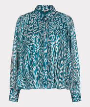 Load image into Gallery viewer, Teal and white with shimmer patterned blouse against a light gray background.
