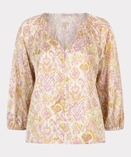 Load image into Gallery viewer, Sunshine meets subtle gold shimmer in the Sella Solar Blouse by EsQualo. Designed with a fluid silhouette and lightweight drape, this relaxed top brings summer ease to any wardrobe. A soft geometric-inspired print gives the look an artful finish, while the breathable fabric makes it perfect for styling from brunch to beach strolls.
