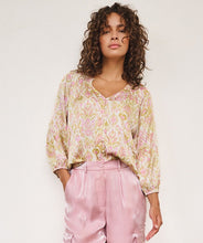 Load image into Gallery viewer, Sunshine meets subtle gold shimmer in the Sella Solar Blouse by EsQualo. Designed with a fluid silhouette and lightweight drape, this relaxed top brings summer ease to any wardrobe. A soft geometric-inspired print gives the look an artful finish, while the breathable fabric makes it perfect for styling from brunch to beach strolls.
