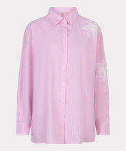 Load image into Gallery viewer, Pink striped shirt with floral embroidery on left sleeve on a white background.
