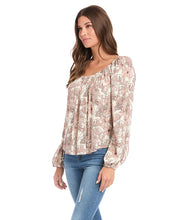Load image into Gallery viewer, Bohemian style is enhanced in this crepe top, adorned with a stencil floral pattern. Voluminous blouson sleeves complete the look. Color- Pink and cream. Scoop neck. Floral print. 100% Viscose Fabric-100% Viscose. Care- Dry clean.

