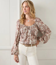 Load image into Gallery viewer, Bohemian style is enhanced in this crepe top, adorned with a stencil floral pattern. Voluminous blouson sleeves complete the look. Color- Pink and cream. Scoop neck. Floral print. 100% Viscose Fabric-100% Viscose. Care- Dry clean.
