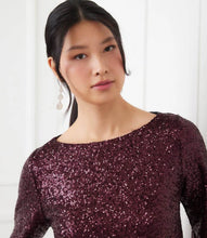 Load image into Gallery viewer, Close-up of woman wearing white earrings and a sparkly purple top.
