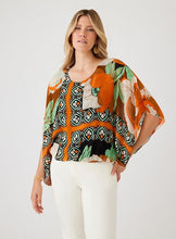 Load image into Gallery viewer, This gorgeous, flowy top showcases exquisite blouson sleeves for a touch of refinement and fashionable touch.&nbsp; Its relaxed fit allows for comfortable wear throughout the day, and the stunning multi print makes it a versatile piece to pair with black trousers or your favorite denim.
