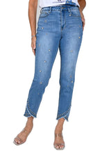 Load image into Gallery viewer, This rhinestone, silver bead and pearl star embroidered jean with rhinestone embroidered hem will get attention with each sparkling movement!  Not only is this jean dazzle but it is also super comfortable with just the right amount of stretch.  The color and design of this fabulous jean essentially will pair beautifully with any of your favorite tops.  Color- Light blue.  Clear rhinestone, white pearl and silver bead detailing. Star shapes. Five functional pockets.

