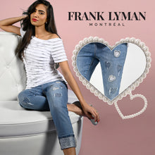 Load image into Gallery viewer, Add a touch of versatility and style to your wardrobe with the Blue Woven Denim Pant with Hearts, Pearls and Rhinestone Embellishments. This stunning piece features eye-catching heart embroidery, pearl and rhinestone details, and sparkling rhinestone hems, making it a statement piece for the spring/summer season. Don&#39;t miss out on the chance to sparkle and shine in these gorgeous jeans.
