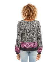 Load image into Gallery viewer, This modern top stands out with its striking black, pink and white paisley border print. Effortlessly stylish, it can be paired with tailored trousers or jeans for a timeless look. Color- Black, pink, white. Peasant sleeve. Scoop neck. Fabric- Paisley Panel Crepe: 100% Viscose. Care-Hand wash cold. Do not bleach. Hang to dry.
