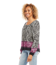 Load image into Gallery viewer, This modern top stands out with its striking black, pink and white paisley border print. Effortlessly stylish, it can be paired with tailored trousers or jeans for a timeless look. Color- Black, pink, white. Peasant sleeve. Scoop neck. Fabric- Paisley Panel Crepe: 100% Viscose. Care-Hand wash cold. Do not bleach. Hang to dry.
