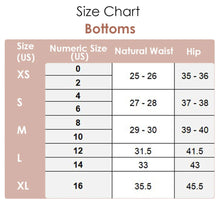 Load image into Gallery viewer, Size chart for bottoms with numeric and natural waist/hip measurements.
