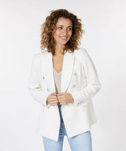 Load image into Gallery viewer, This amazing boucle blazer in white is absolutely stunning in person.  Sophisticated and charming, our Willa blazer is a Chanel inspired design with decorative buttons that provide a rich look.  Dress up or wear with denim, this blazer will elevate any look.  Color- White. Boucle fabrication. Comfortable fit. Longer style. Silver buttons  Front functional pockets.
