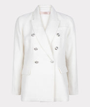 Load image into Gallery viewer, This amazing boucle blazer in white is absolutely stunning in person.  Sophisticated and charming, our Willa blazer is a Chanel inspired design with decorative buttons that provide a rich look.  Dress up or wear with denim, this blazer will elevate any look.  Color- White. Boucle fabrication. Comfortable fit. Longer style. Silver buttons  Front functional pockets.
