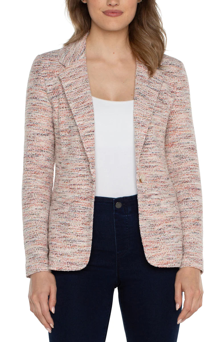 Our fitted blazer in a sophisticated lava flow boucle knit. Whether for work, out and about, or simply getting together, this fantastic blazer gets the job done in style!  Color- Lava flow boucle. Front welt pockets. Sleek modern style. One button closure. 3 button cuff closure. Boucle knit.