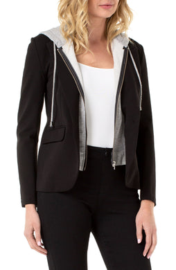 Talk about flexibility! This fitted chic blazer features a detachable hood, making it perfect for transitioning from work to play. A simple zip is all it takes to switch up your look!  Color- Black and grey. Removable zip hood panel Please note: Hood is not an actual sweater. Easily zip the panel off if you prefer to wear just the blazer without the hood.  Amazing stretch and comfort. Two front flap pockets. Sleek modern style and a relaxed fit.