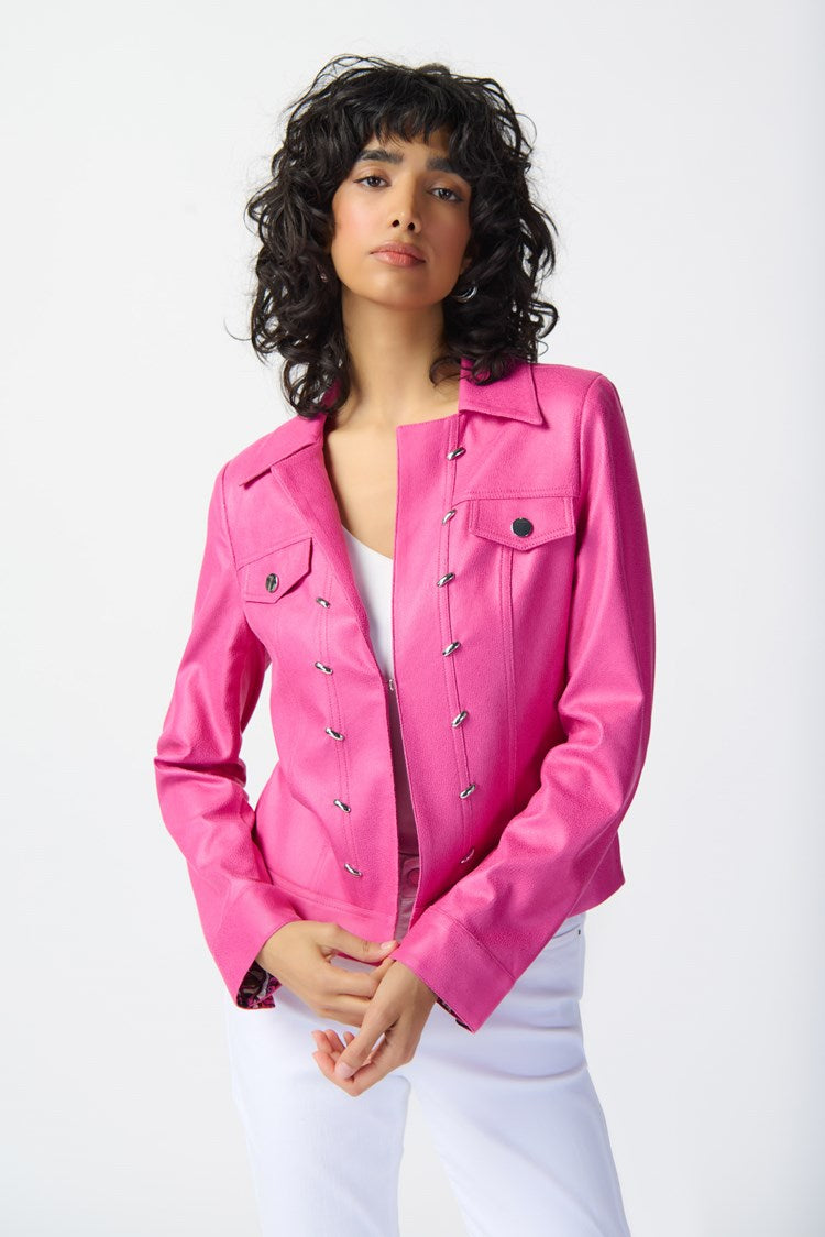 Faithy Foiled Suede Jacket with Metal Trims in Bright Pink - Joseph Ribkoff Style 241911