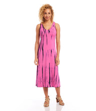 Load image into Gallery viewer, Our iconic Brigitte Dress has been reimagined with a stylish midi length and leg-baring side slit. Exceptionally comfortable and ideal for a variety of activities, this gorgeous piece, a berry and navy tie dye is essential for any wardrobe. Color- Berry and navy tie dye. Mid-calf length. Double v-neck. Side-slit. Fabric -88% Rayon. 12% Spandex.
