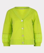 Load image into Gallery viewer, A brilliant lime color pops on this summery sweatshirt fabric cardigan by EsQualo.  Add embroidery detailing on half the sleeve, and you have a fabulous and unique statement piece that will give you attention and compliments.  Color -Lime. Button down. Sleeve embroidery. Sweatshirt fabrication.
