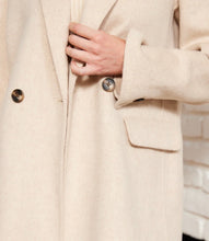 Load image into Gallery viewer, Close-up of a oatmeal coat with tortoise shell buttons against a blurred white wall.
